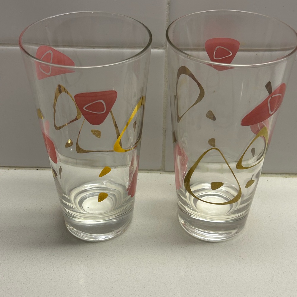 Pair of mid century modern atomic orbs pink & gold drinking glasses